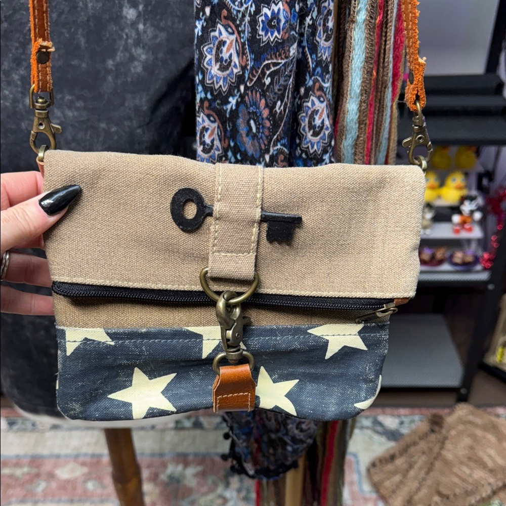 Mona B Tan and Blue Star Crossbody Bag